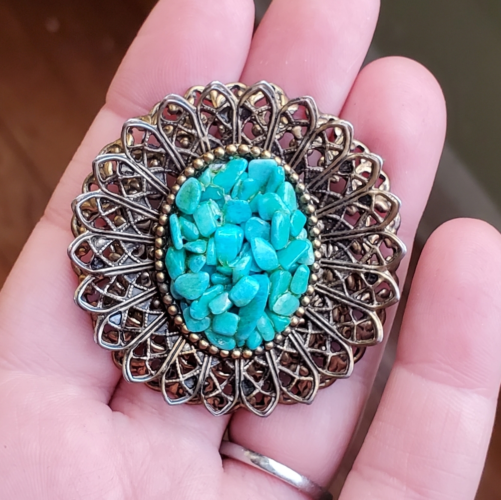Vintage brooch Faux turquoise with brass / iron